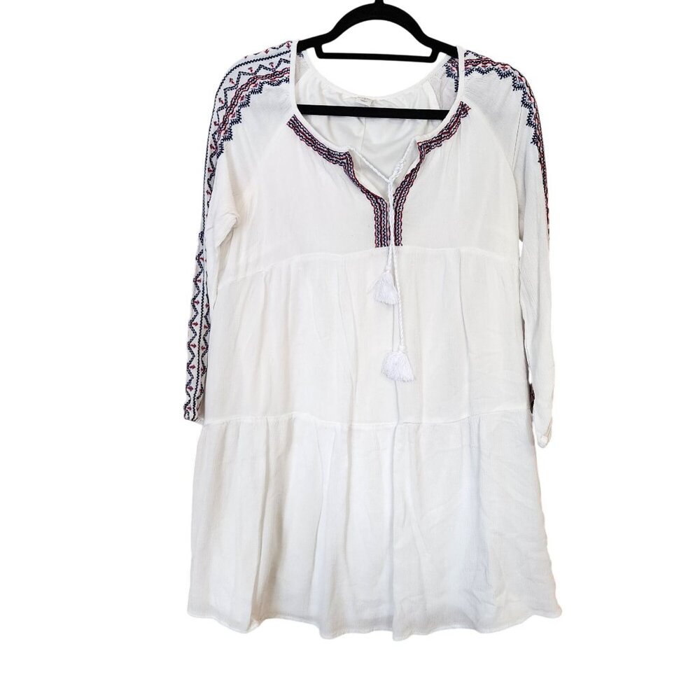 White Boho Dress Size L Embroidered “Catch my Drift” Womens size Small Petite